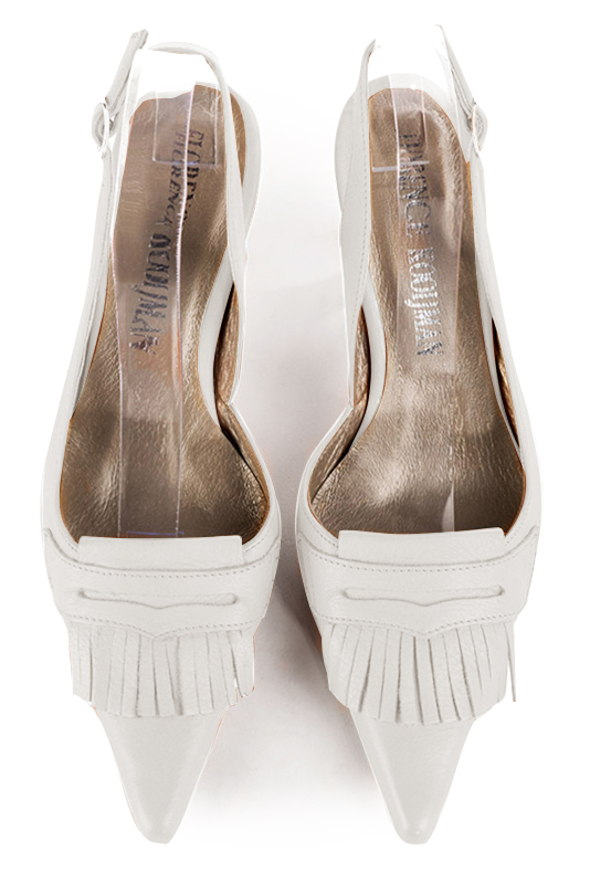 Pure white women's slingback shoes. Pointed toe. High spool heels. Top view - Florence KOOIJMAN